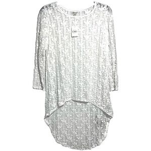 NWT White Lacy Hi-Low Very Stretchy Floral Coquette Tunic Top 3/4 Sleeve Size XS